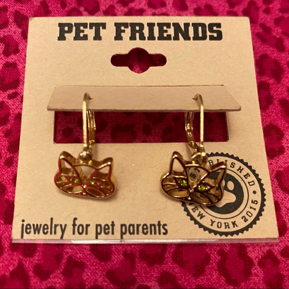 Pet Friends Cutout Cat Drop Earrings, Gold Green